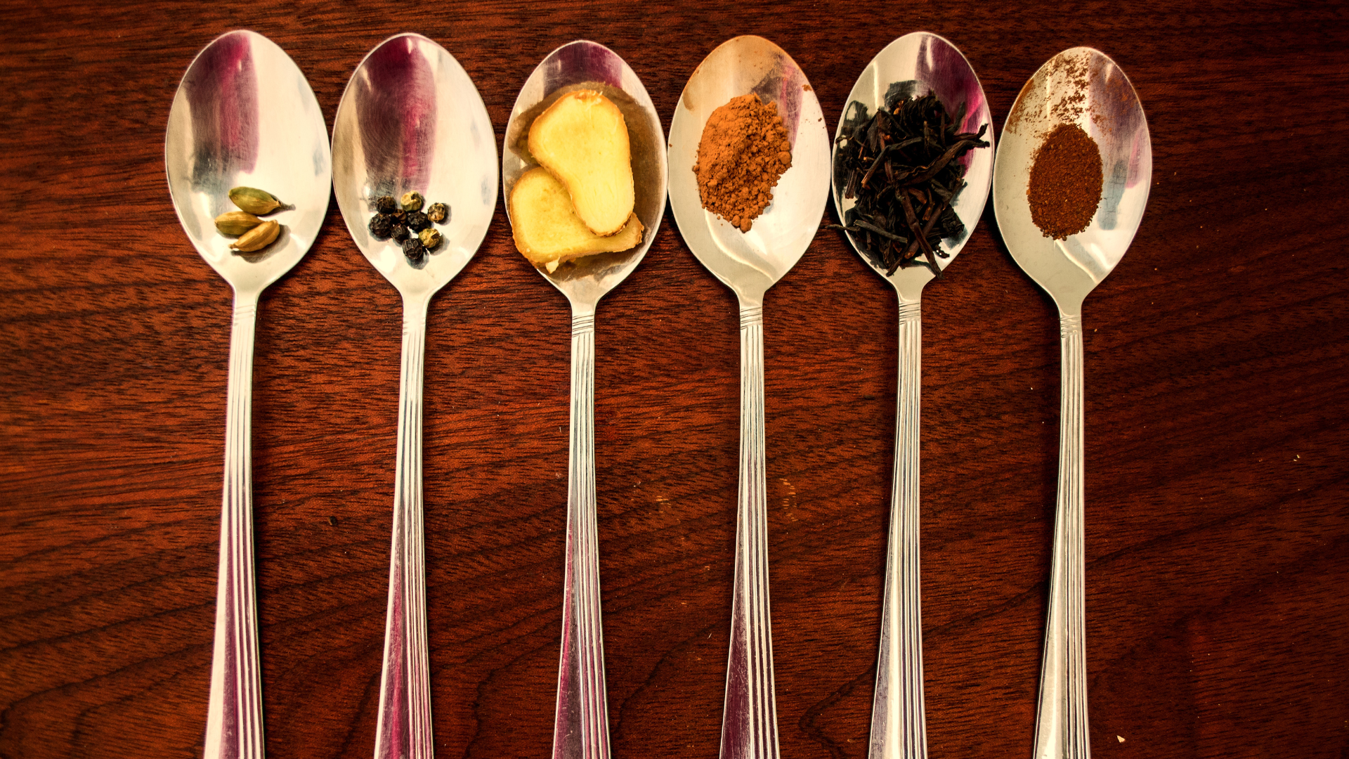 Chai Tea Ingredients on spoons